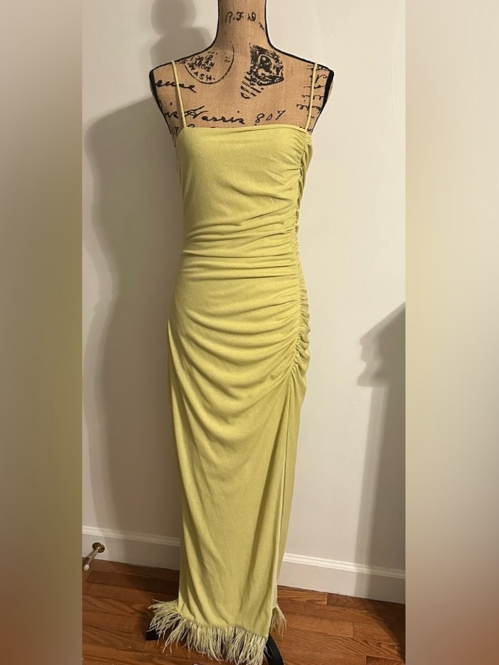 ✨ Saylor Lime Yellow Ruched Feather Hem Maxi Dress ✨ - Picture 4 of 7